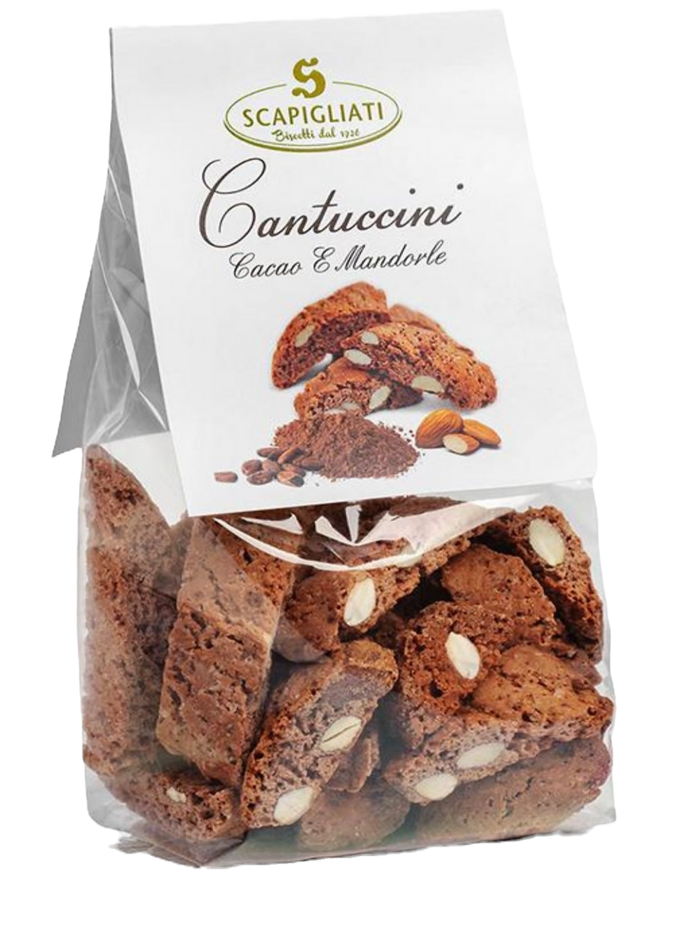 200g Packung Scapigliati Cantuccini Cacao e Mandorle – toskanisches Schokoladengebäck mit ganzen Mandeln.