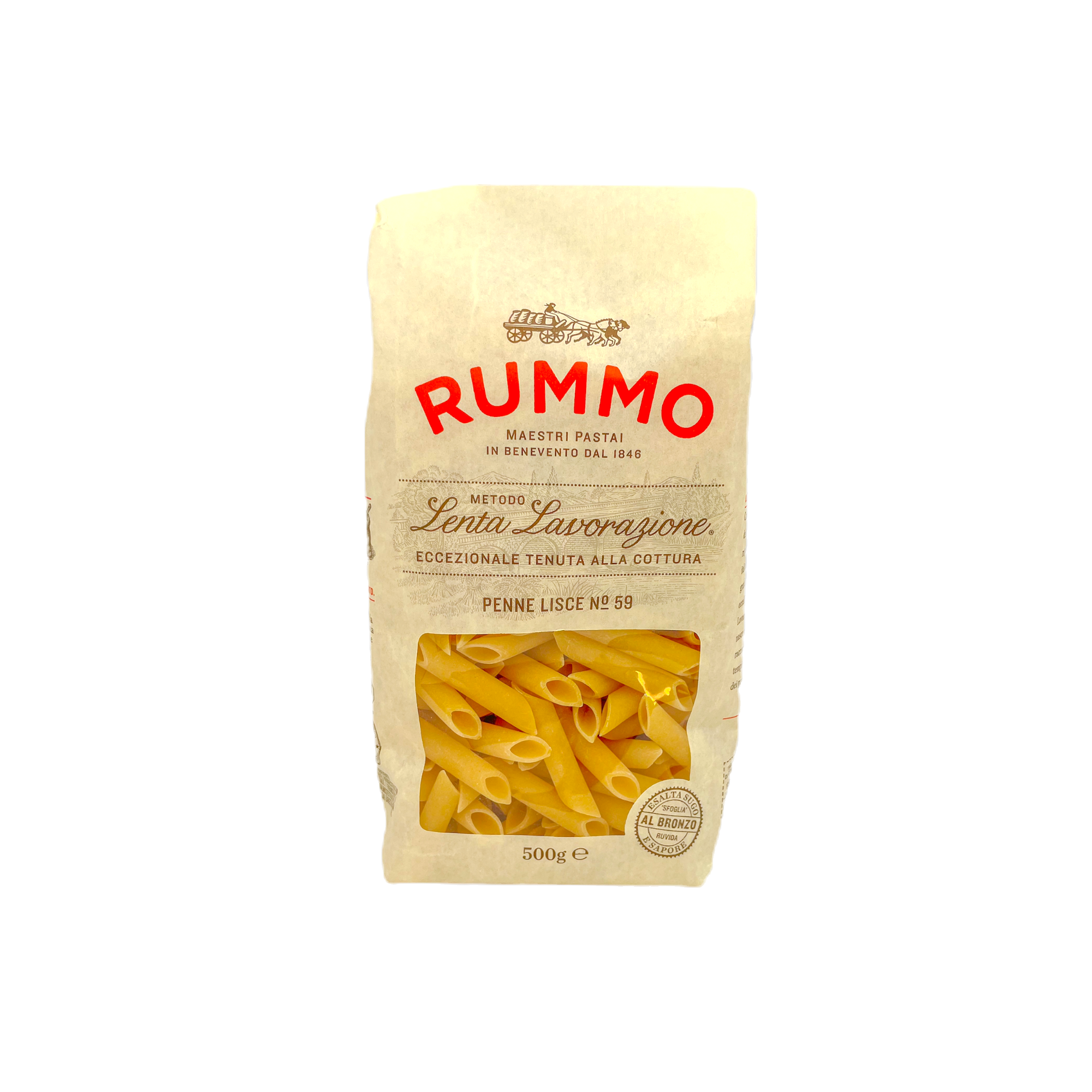 Vorderseite 500g Packung Rummo Penne Lisce No. 59 – glatte italienische Röhrennudeln aus Hartweizen.