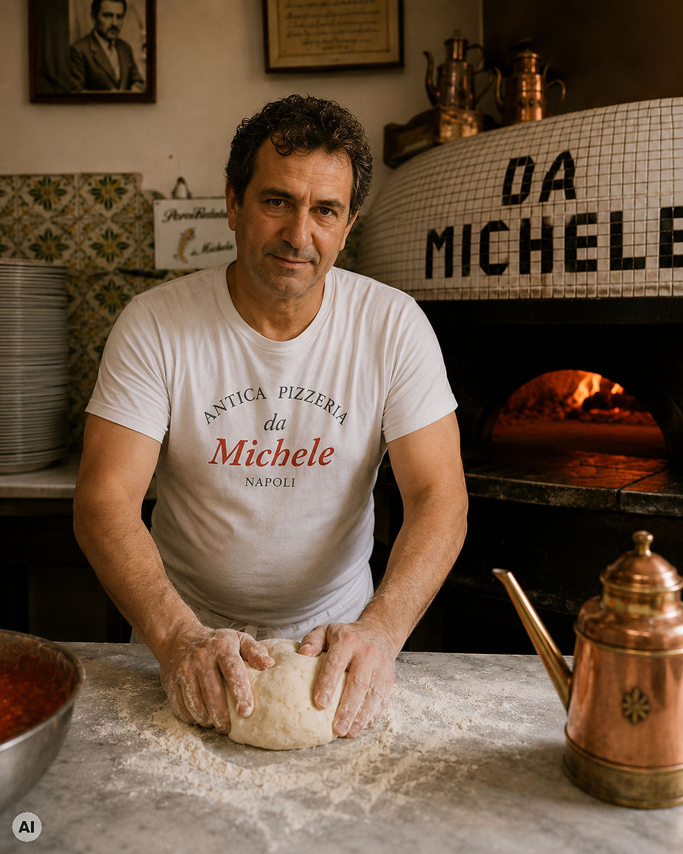 Mann knetet Teig in Pizzeria mit Ofen im Hintergrund. T-Shirt-Aufdruck: Antica Pizzeria da Michele. Stimmung: konzentriert.