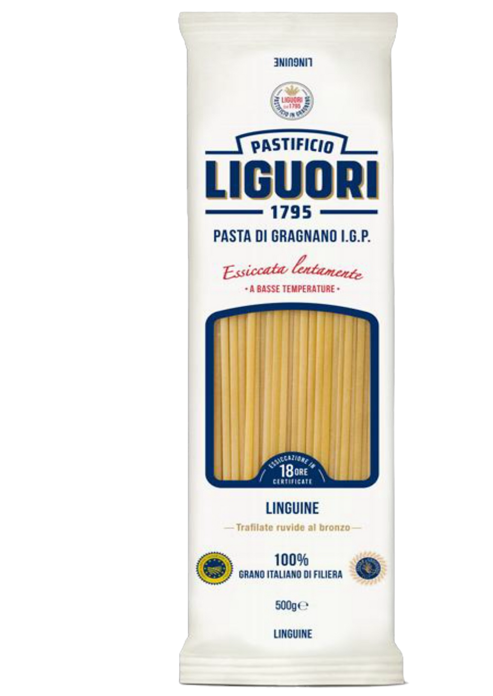 500g Packung Pastificio Liguori Linguine – flache, schmale Bandnudeln aus Gragnano mit I.G.P. Siegel.