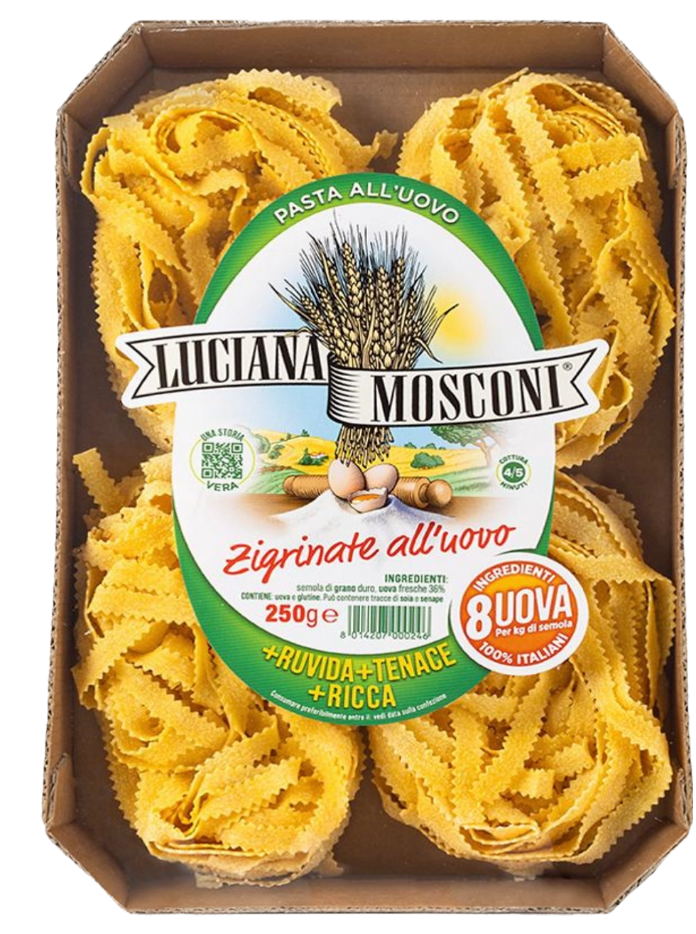 500g Packung Luciana Mosconi Zigrinate all'Uovo – geriffelte Eiernudeln für maximale Saucenaufnahme.