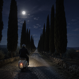 Person fährt nachts auf einem Roller eine von Zypressen gesäumte Straße entlang. Vollmond am Himmel, ruhige, mystische Stimmung.