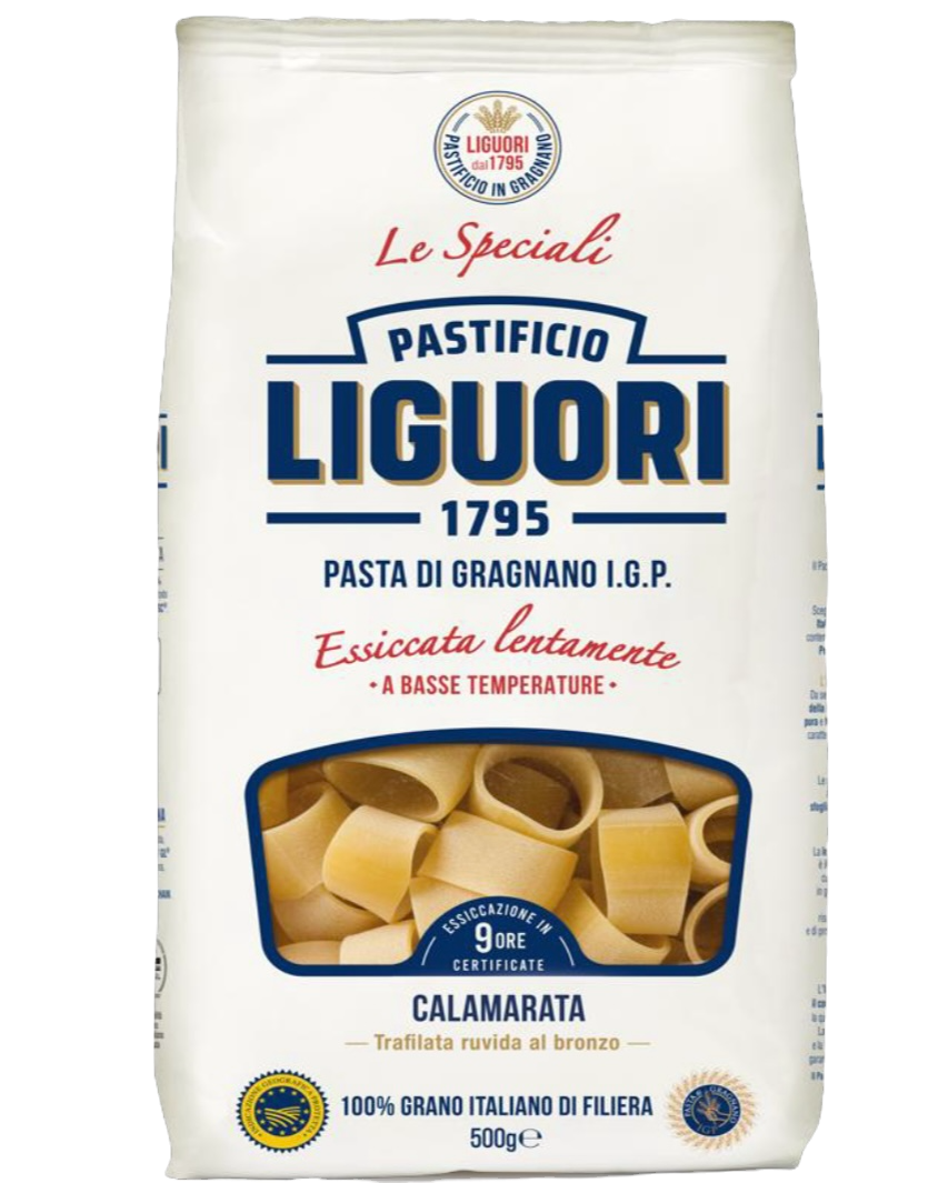 500g Packung Pastificio Liguori Calamarata – ringförmige Pasta aus Gragnano mit I.G.P. Siegel.