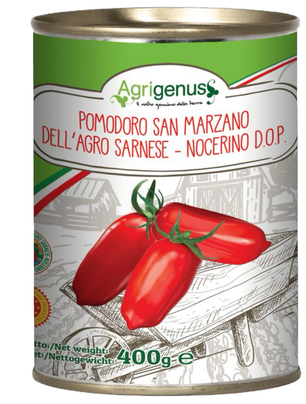 400g Dose Agrigenus geschälte San Marzano Tomaten DOP – ganze Pelati aus der Region Agro Sarnese-Nocerino.