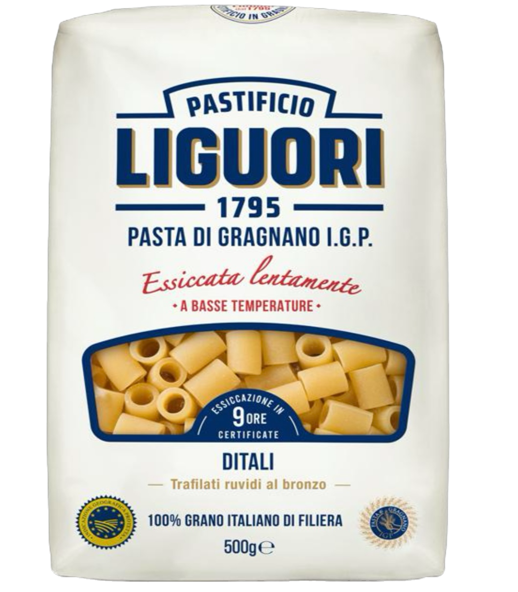 500g Packung Pastificio Liguori Ditali – kleine, kurze Röhrenpasta aus Gragnano mit I.G.P. Siegel.