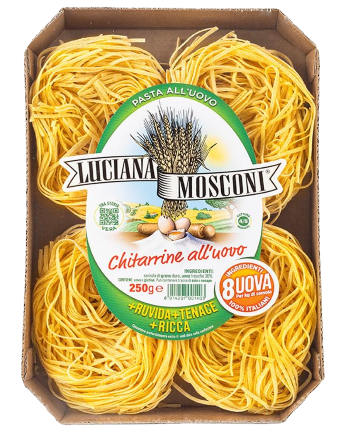 500g Packung Luciana Mosconi Chitarrine all'Uovo – traditionelle Eiernudeln mit quadratischem Querschnitt.