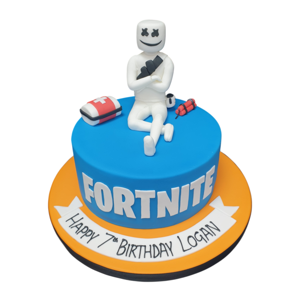 A quirky Fortnite-themed cake featuring a Marshmello character design, perfect for gaming enthusiasts and fans of the popular video game.