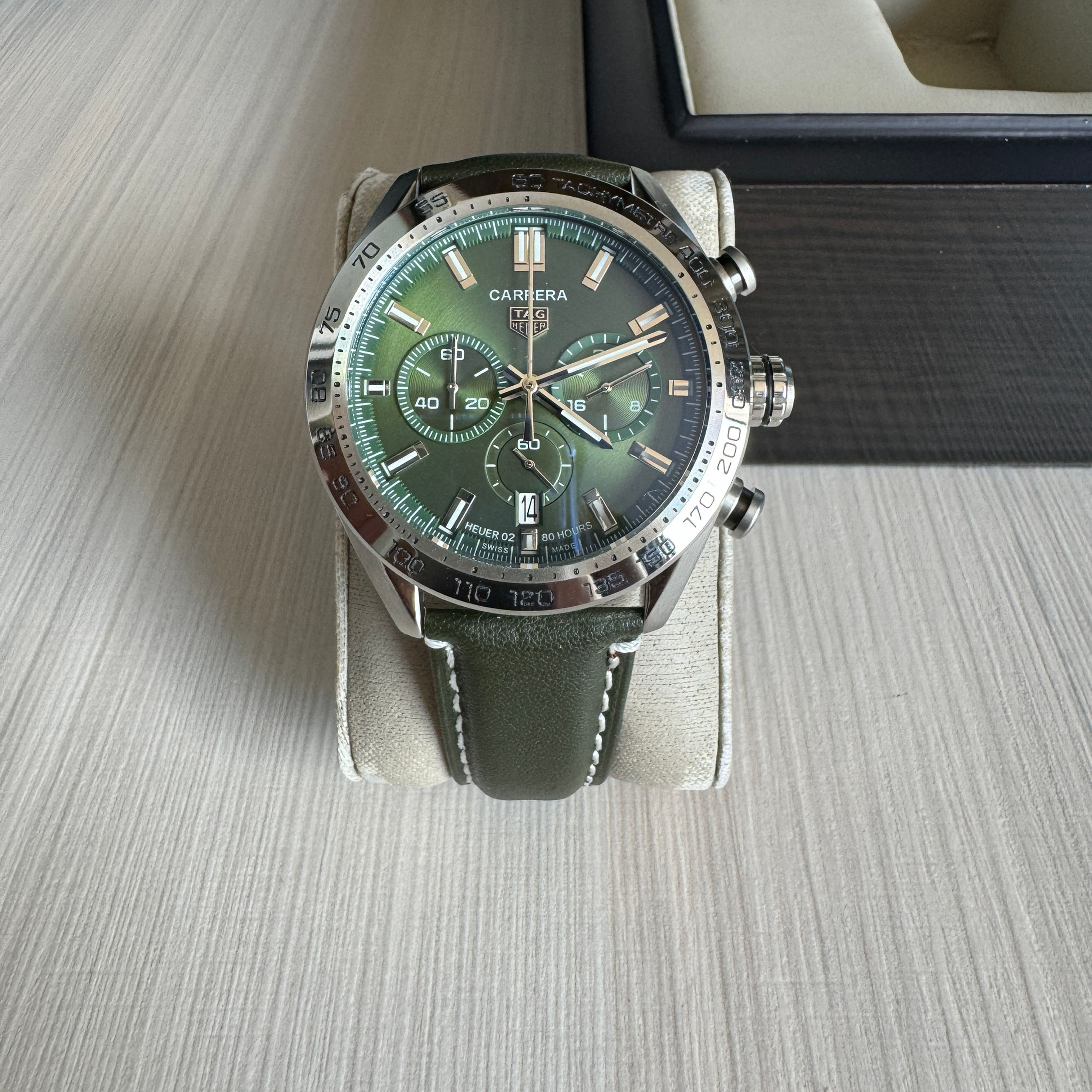TAG HEUER CARRERA PRATA VERDE COURO 41MM