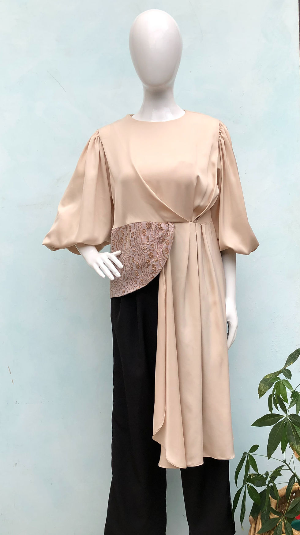 Thumbnail: Berna Flowy Top Beige with Floral Biege Kundiman Accent