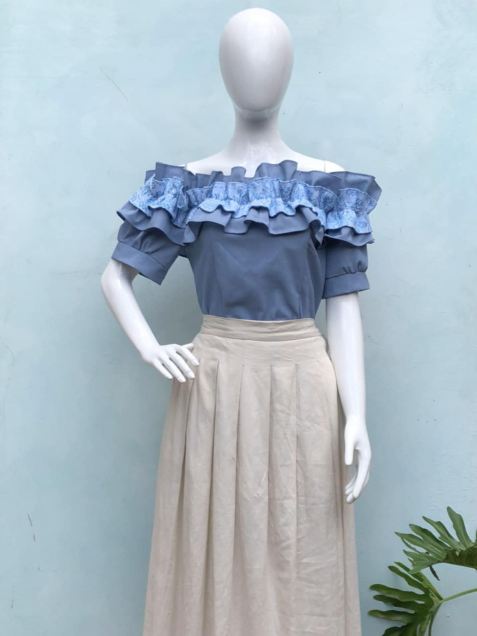 Thumbnail: Alyssa Off Shoulder Top Light Blue with   Floral Blue Kundiman Accent