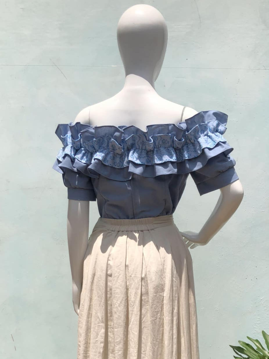 Thumbnail: Alyssa Off Shoulder Top Light Blue with   Floral Blue Kundiman Accent