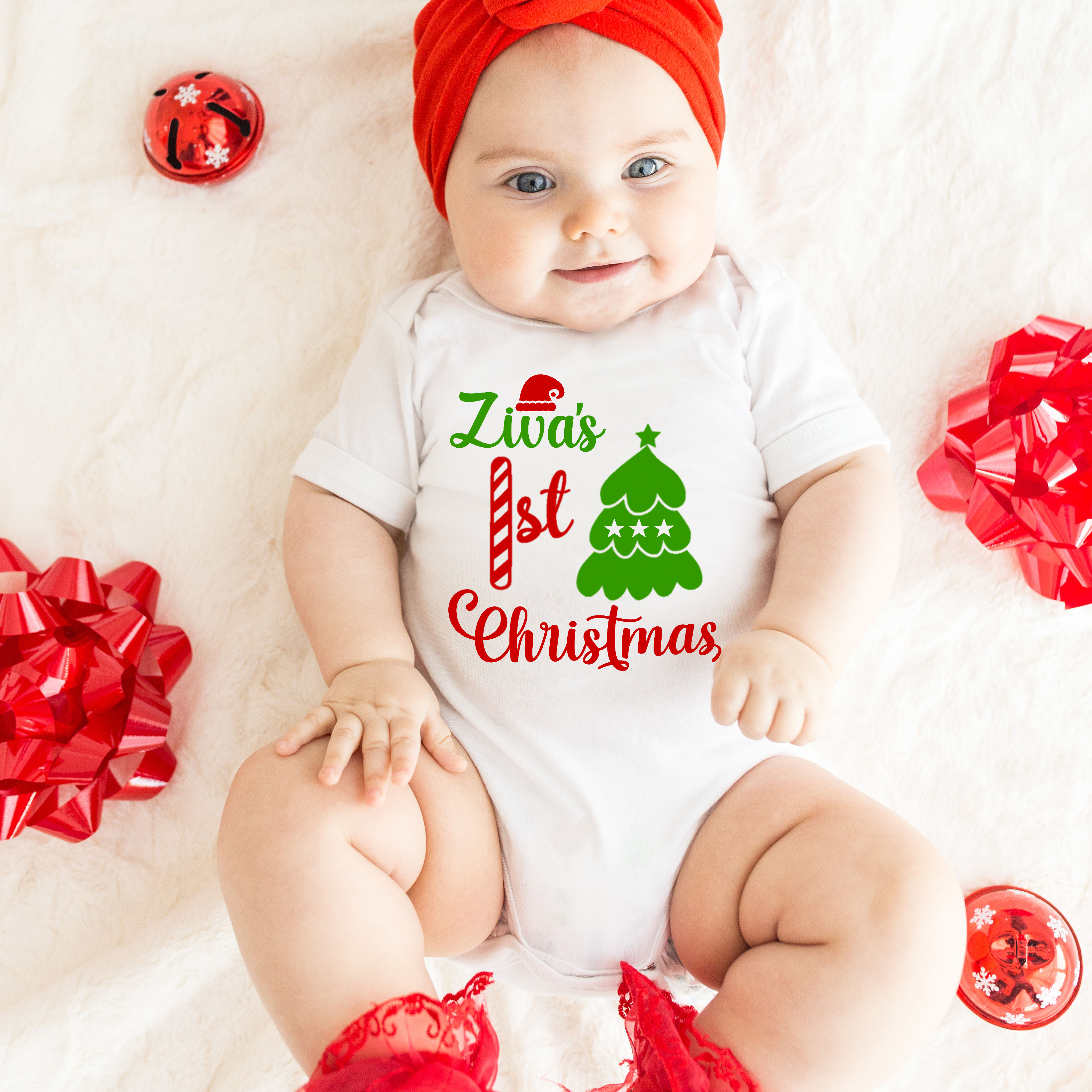 Personalised First X'mas Tree with Candy White Onesie / Full Romper