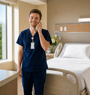 Infirmier confirmant un lit d’accueil pour un patient entrant, près d’un lit d’hôpital vide