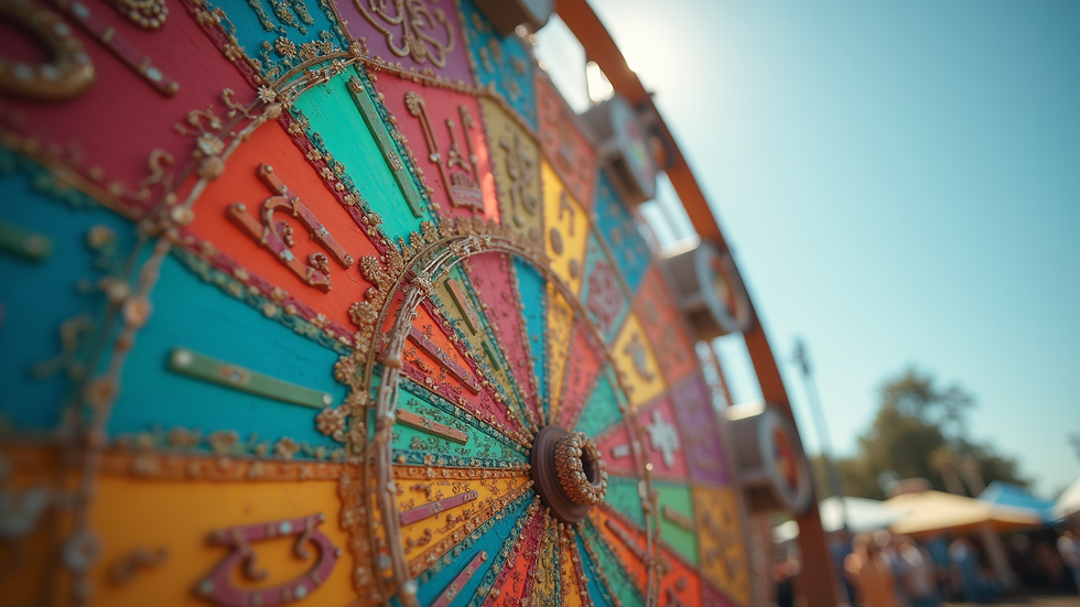 Eye-level view of a colorful prize wheel at a community event