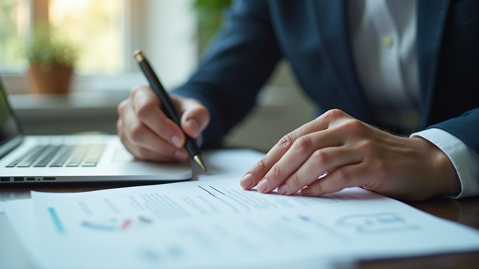 Close-up view of a claims specialist reviewing documents at a desk