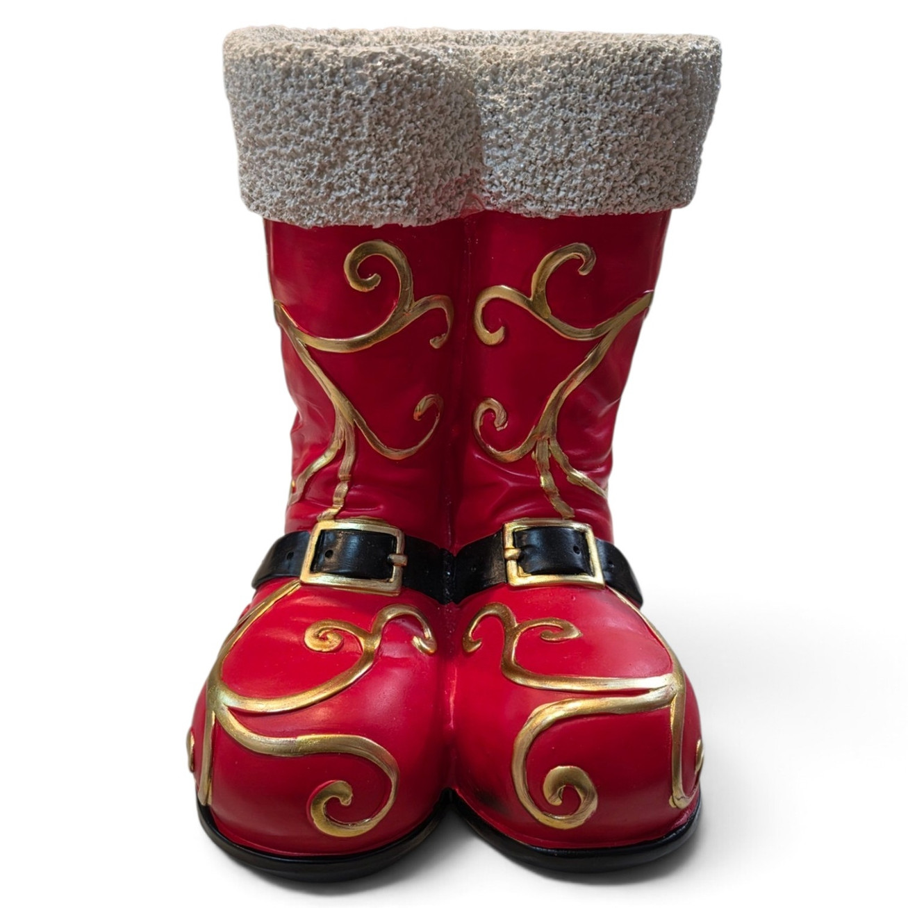 Front view of hand-painted red and gold Santa boots decoration with textured trim