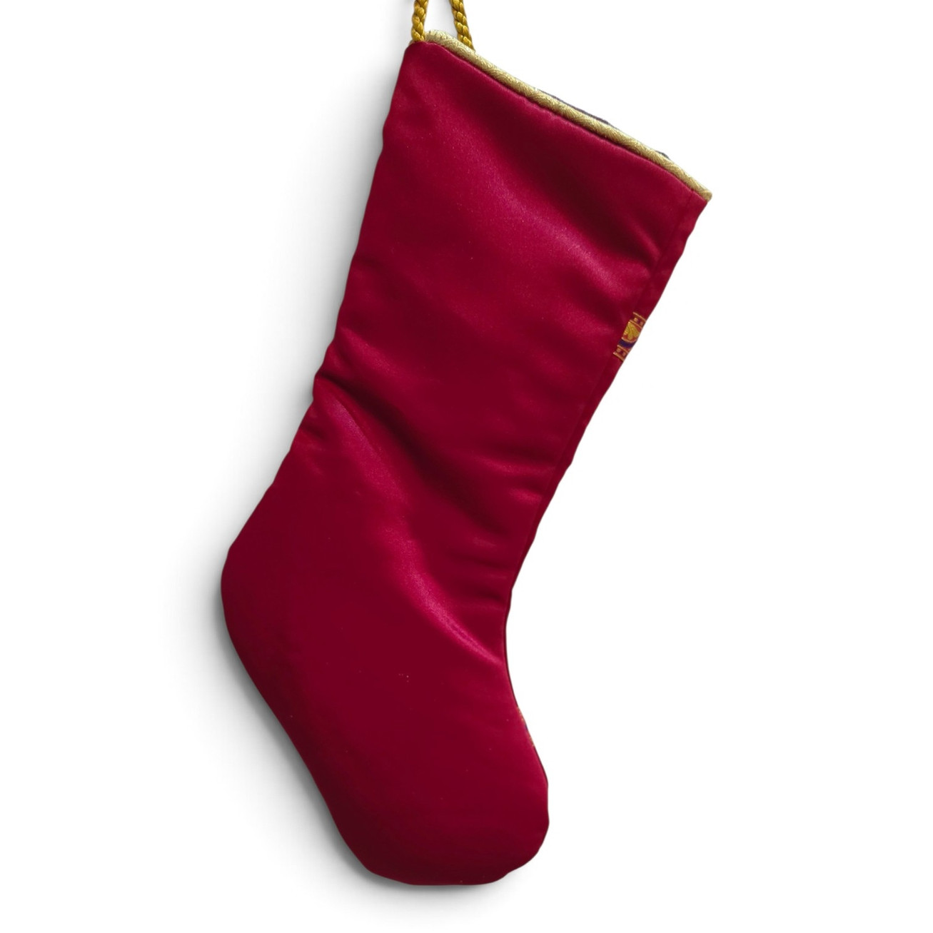 Luxury red velvet dog paw Christmas stocking hanging view