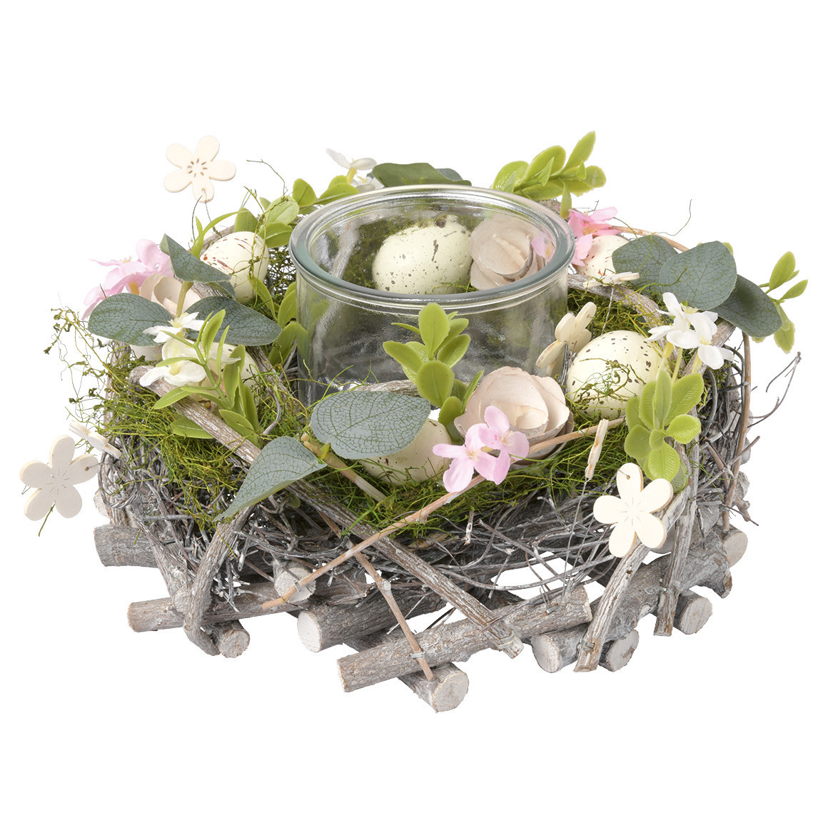 Rustic Spring Nest Tea Light Holder with whitewashed twigs, green moss, pink blossoms, and speckled eggs on a white backgroun