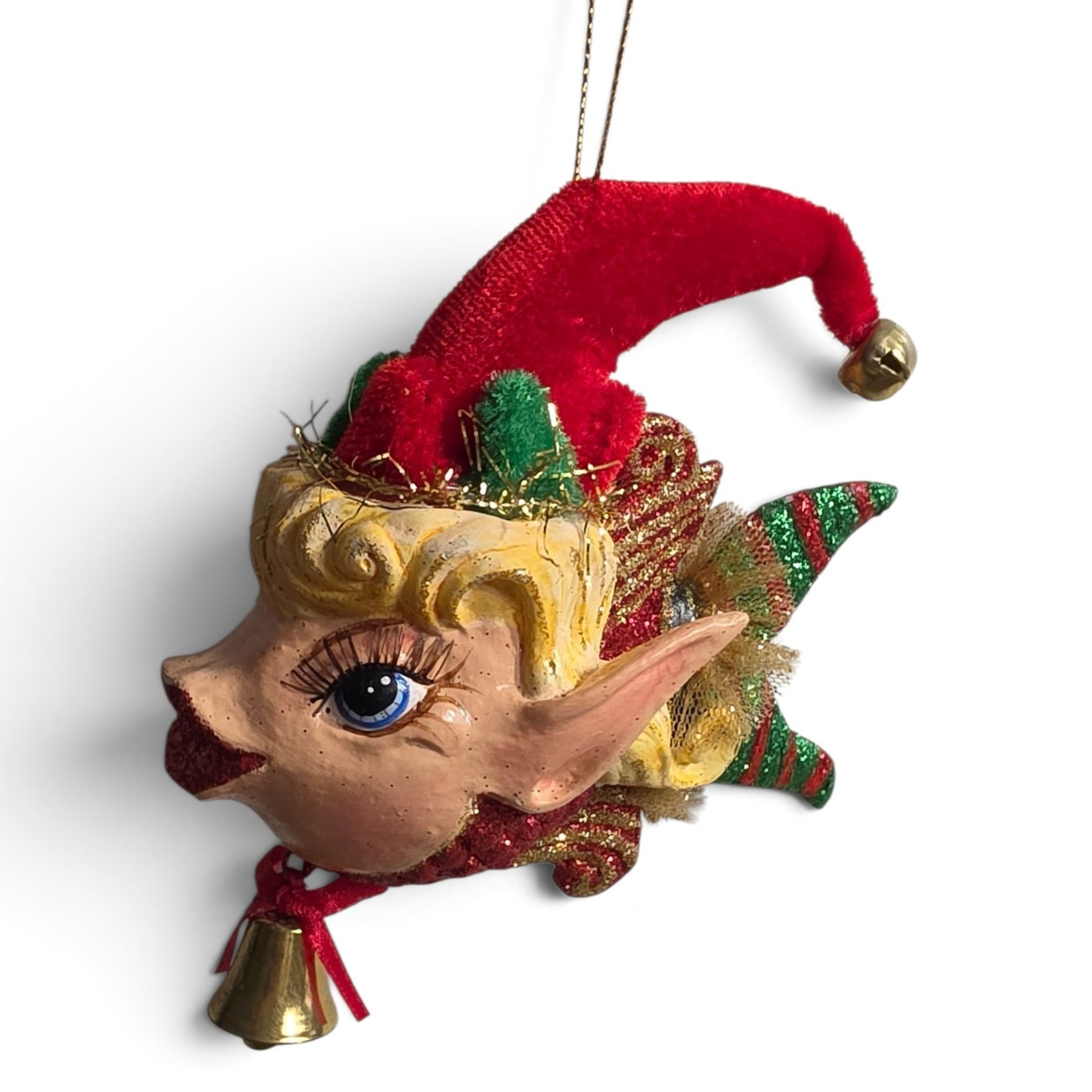 Goodwill Belgium blue-eyed elf kissing fish Christmas tree ornament on white background.