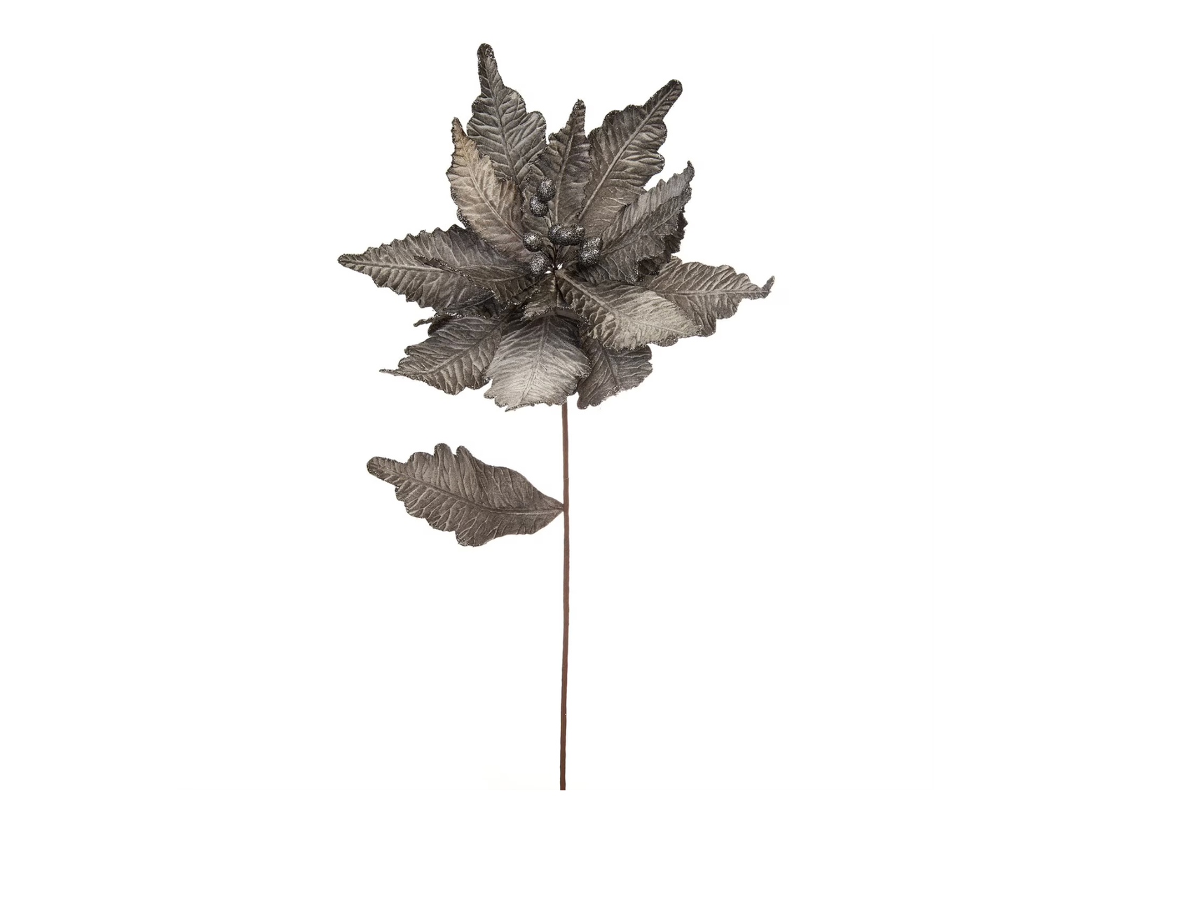 Premium 68cm silver velvet poinsettia artificial flower stem with detailed embossed petals and a wired brown stem on a white
