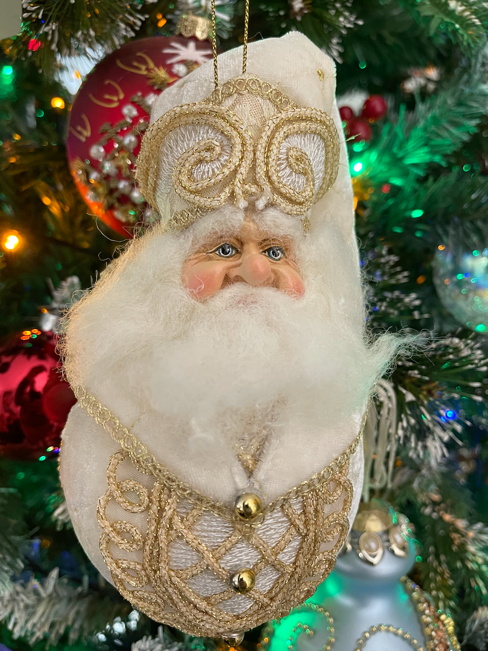 Goodwill Belgium luxury 21cm Santa bauble with a burgundy velvet embroidered body, gold tassel hat, and hand-painted face.