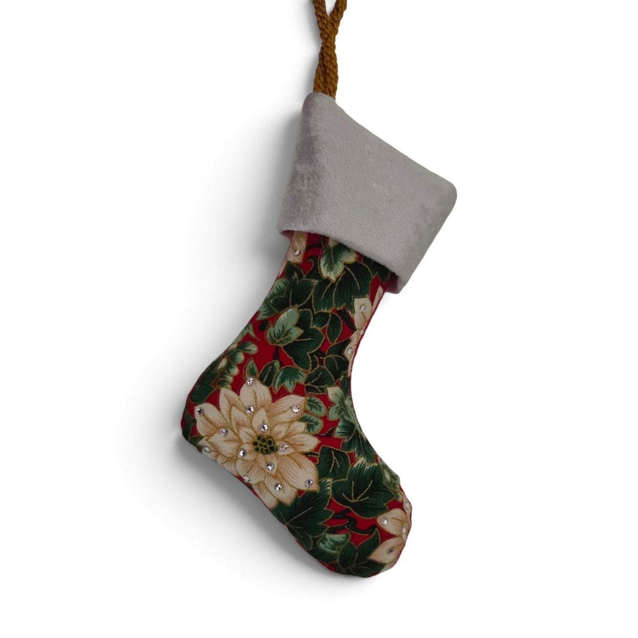 UK handmade 19cm Christmas stocking with cream poinsettia floral print, silvery grey velvet cuff, and Swarovski crystals