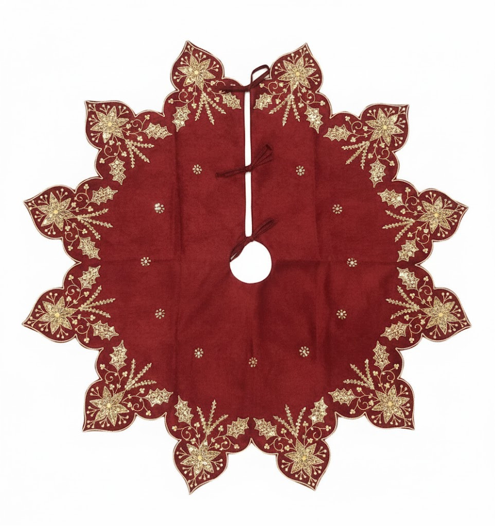 Goodwill 2026 Poinsettia and Snowflake Embroidered Tree Skirt 112cm Luxury Burgundy and Gold Christmas Decoration