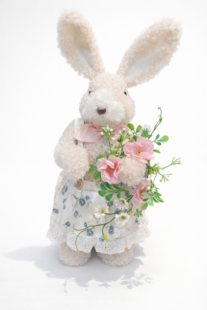 Mrs. Bunny decorative figure with plush cream fur, a floral lace skirt, and a spring flower bouquet on a white background.