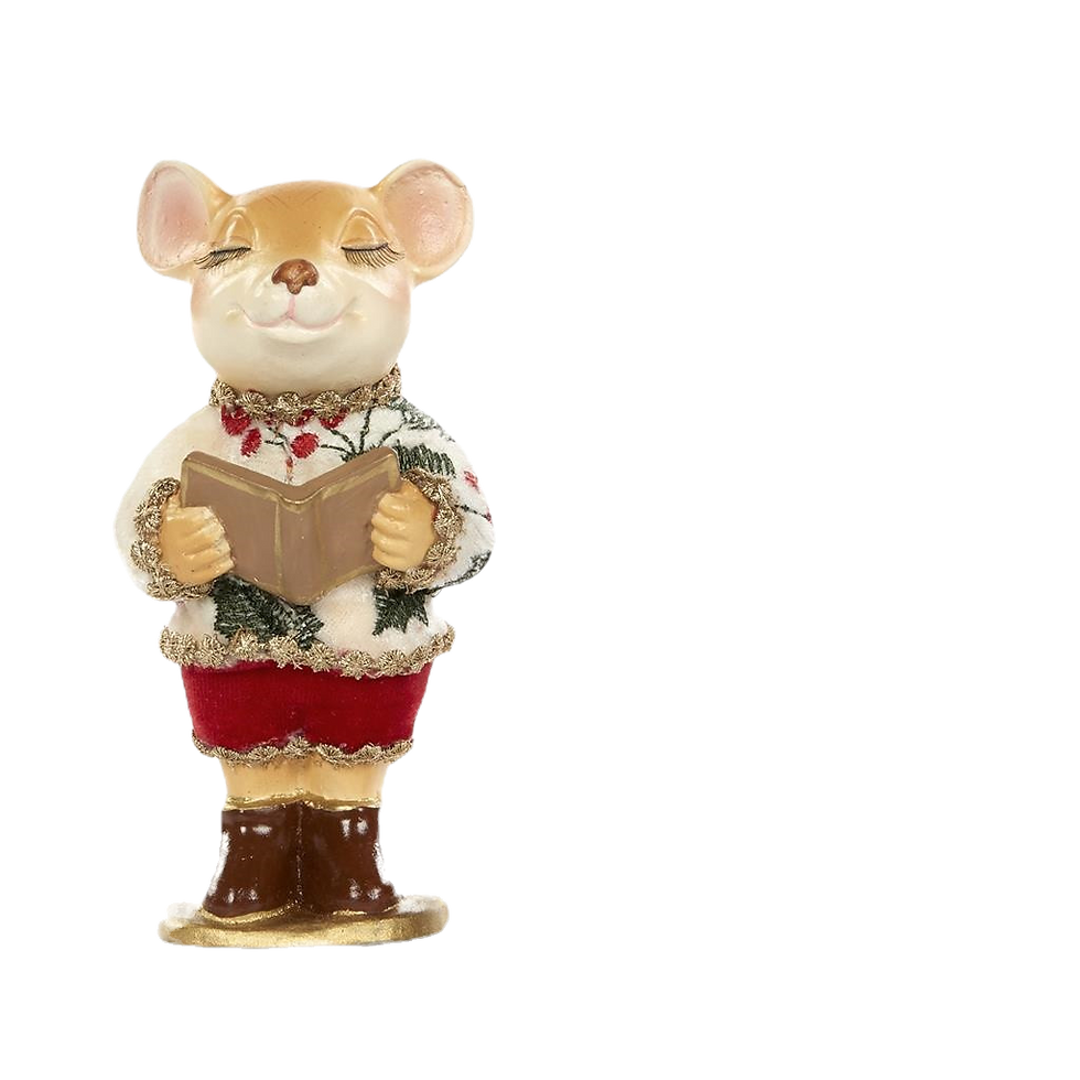 Goodwill Belgium 15cm carolling mouse figure dressed in a cozy cream sweater with holly trim, red trousers, and boots.