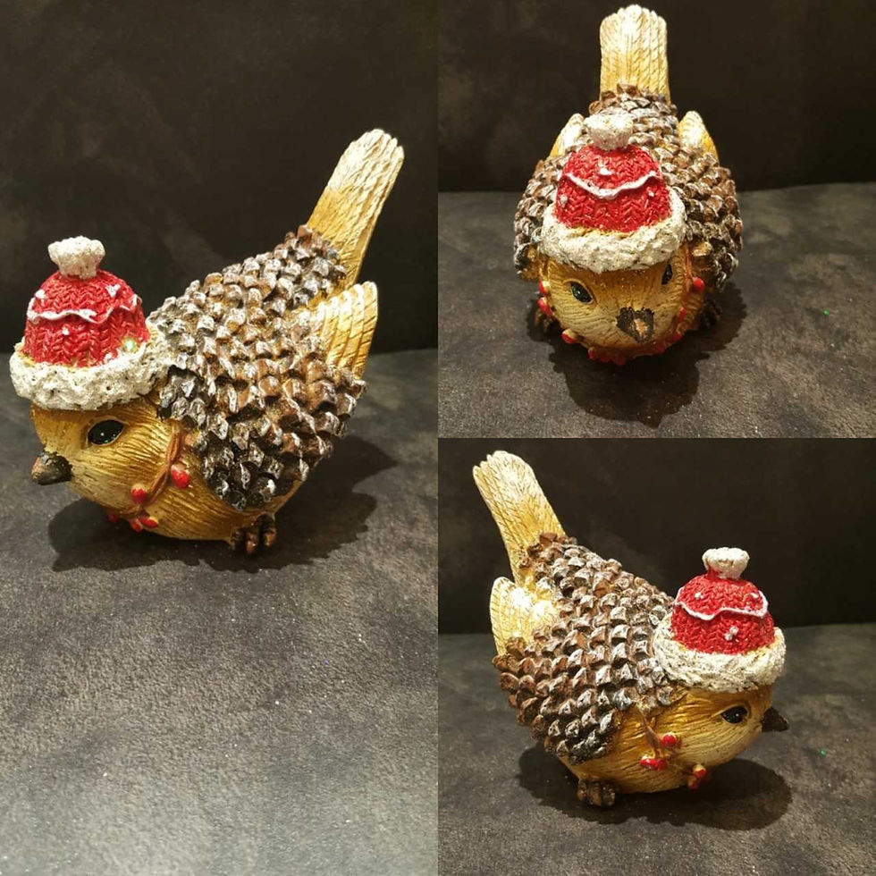 Three-panel display view of a luxury 12cm hand-painted resin Christmas robin bird ornament featuring a textured pinecone coat