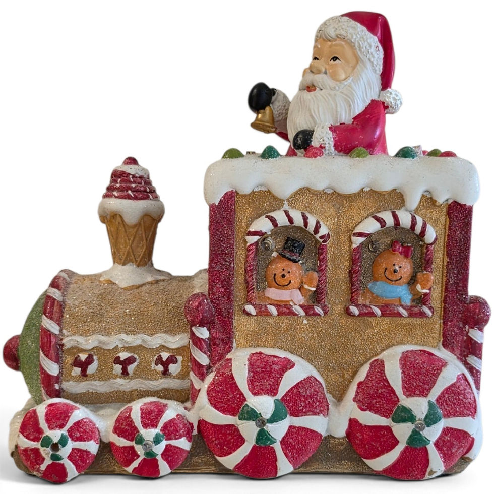 Luxury 26cm hand-painted resin gingerbread Christmas train decoration featuring Santa on top and peppermint candy wheels
