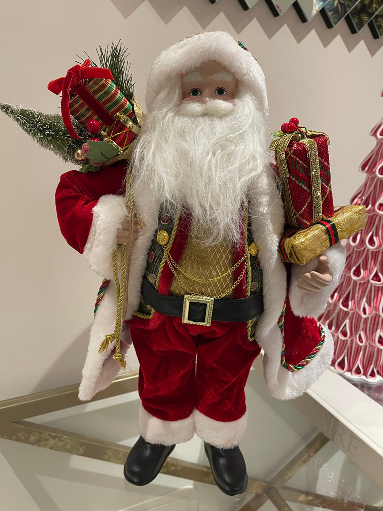 Luxury 19-inch traditional free-standing Santa Claus doll ornament dressed in a red velvet suit and gold chain waistcoat.