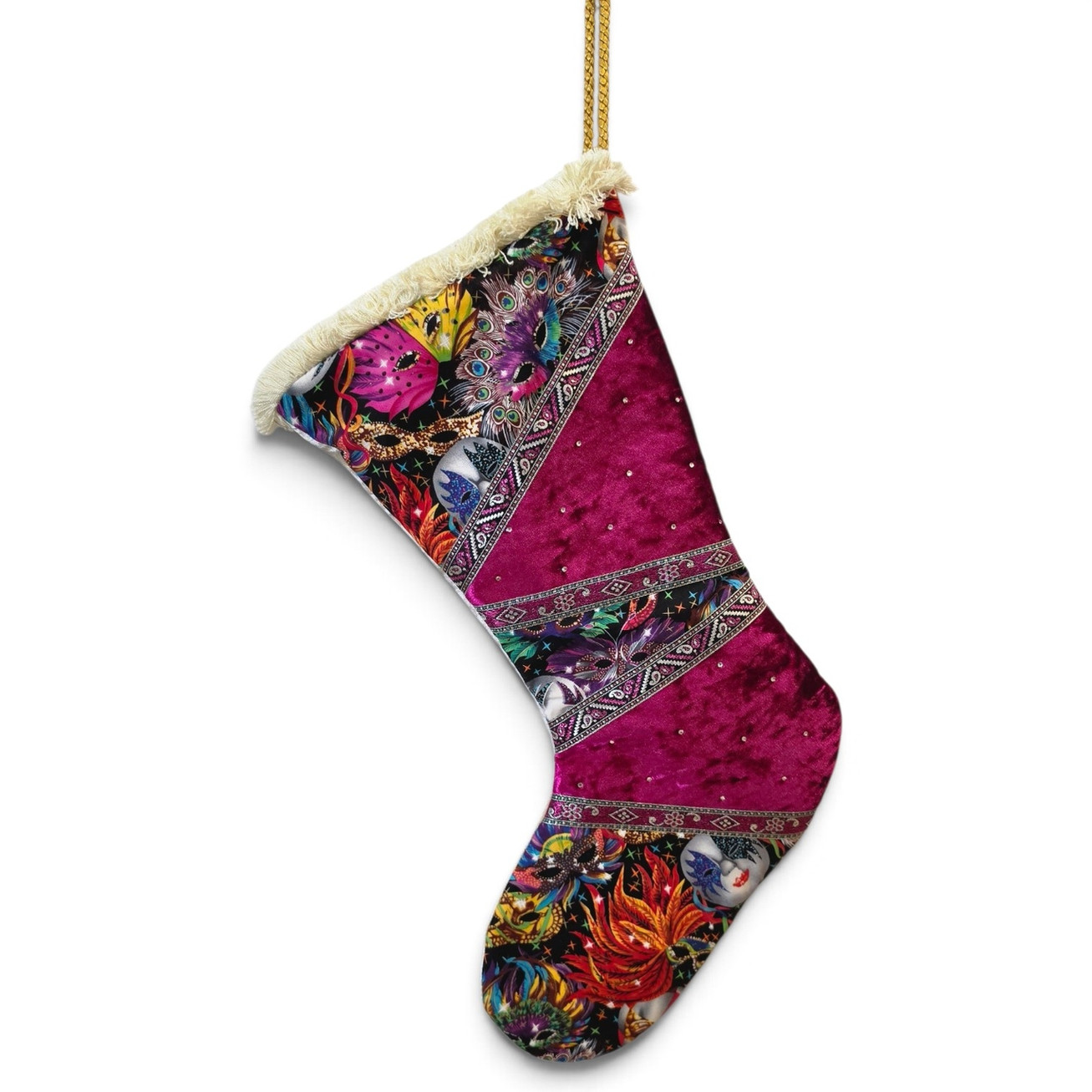 Handcrafted UK 56cm Christmas stocking in magenta crushed velvet with Venetian masquerade mask fabric, Swarovski crystals.