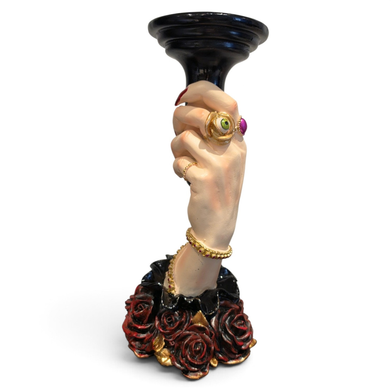 Handcrafted 30cm gothic hand pillar candle holder with red rose base and black stand.