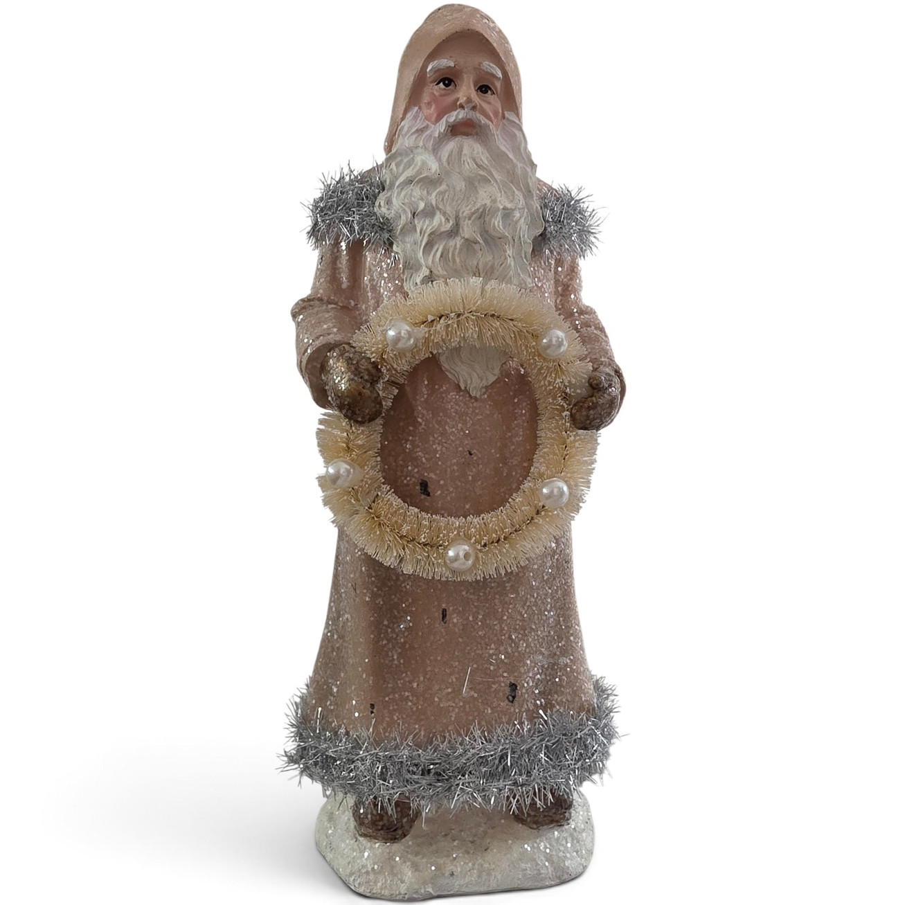 Goodwill Belgium 32cm vintage-style Santa Claus figure holding a golden festive wreath, dressed in a muted coat with frosted