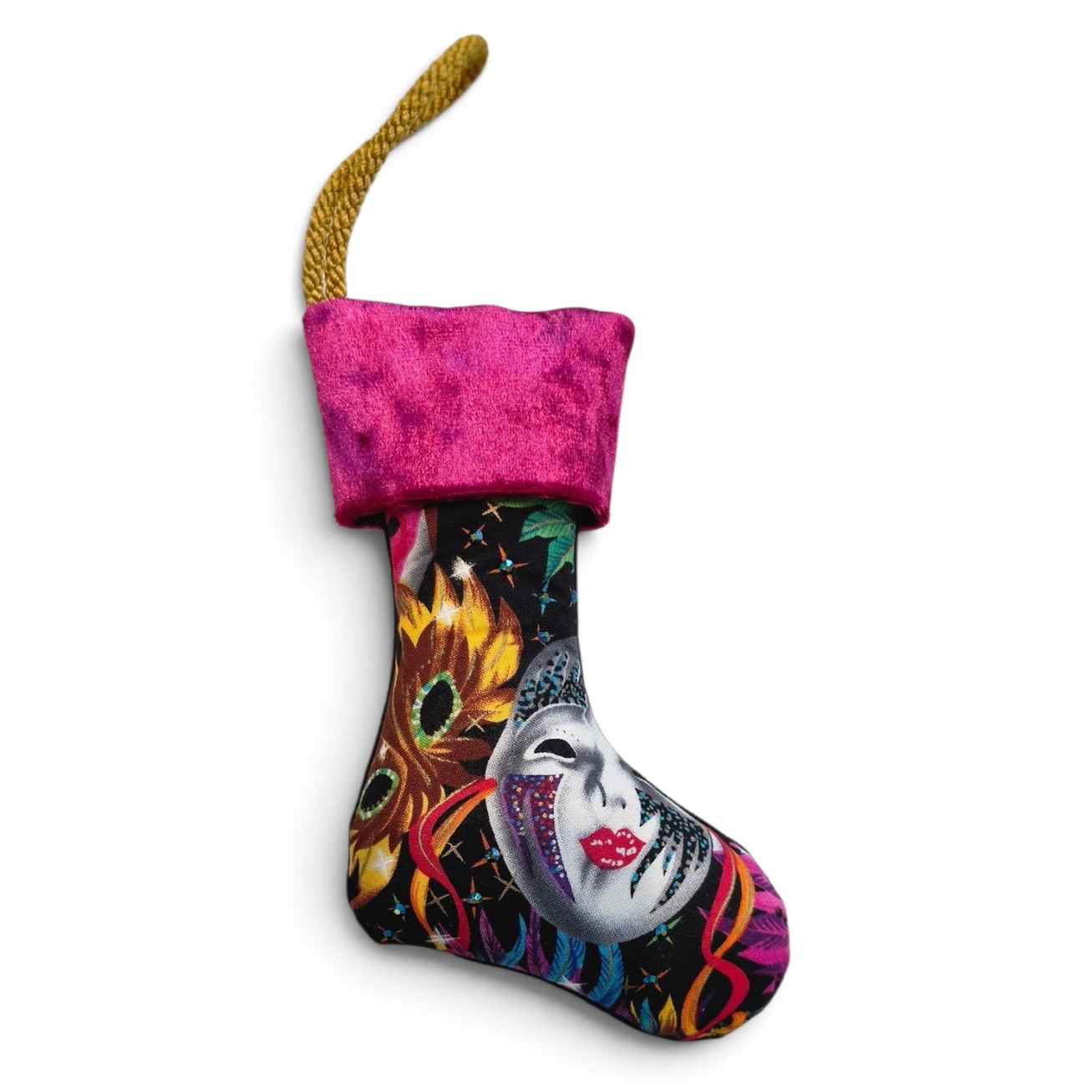 Handcrafted UK 9cm petite Christmas stocking with Venetian masquerade mask print, magenta velvet cuff, and Swarovski crystals