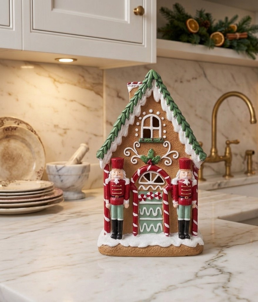 Intricate Christmas gingerbread nutcracker house tabletop decoration staged in a holiday home setting.