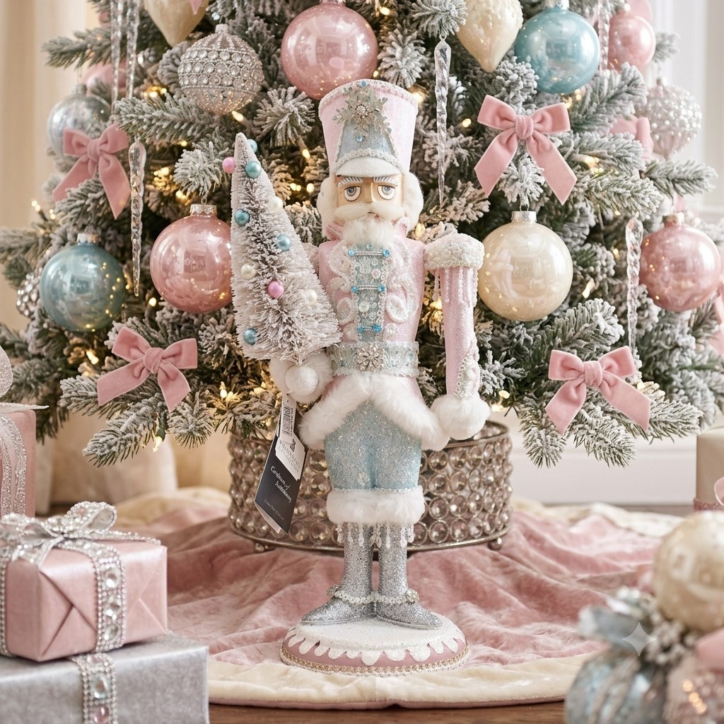 Katherine's Collection Admiral Jackson Frost Nutcracker displayed in an opulent pastel and silver Christmas setting.