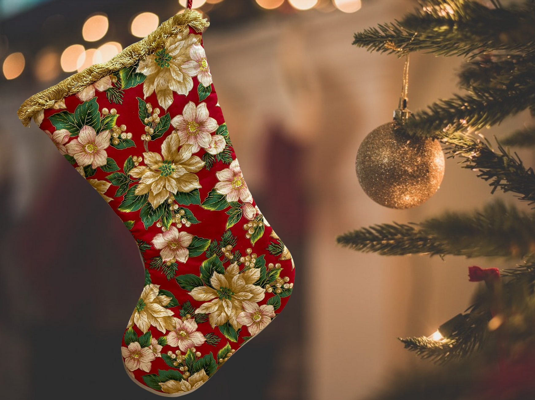 Large 67cm handmade UK Christmas stocking with a traditional floral print, gold fringe cuff, and Swarovski crystal accents.