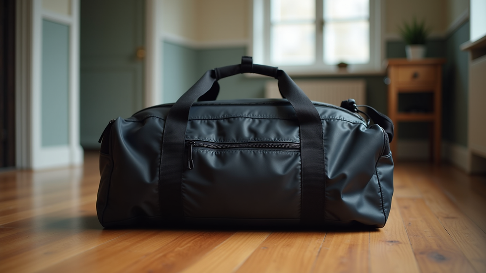 Eye-level view of a classic black gym duffel bag on a wooden floor
