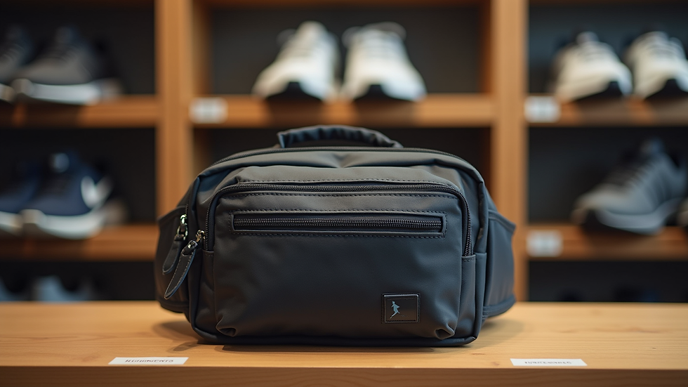 Eye-level view of a running arm pouch displayed on a wooden shelf in a sports store