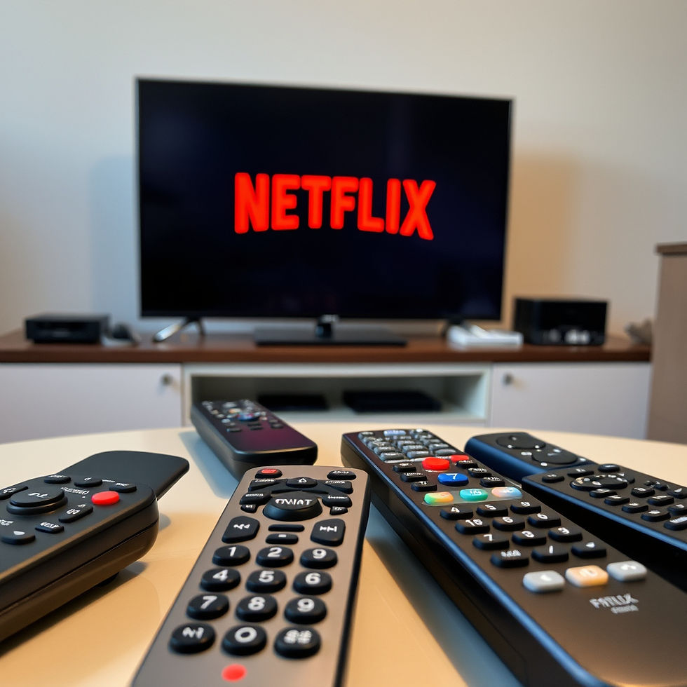 A black remote control rests on a wooden table in a softly lit room. Blurred background with plants by a window. Cozy atmosphere.