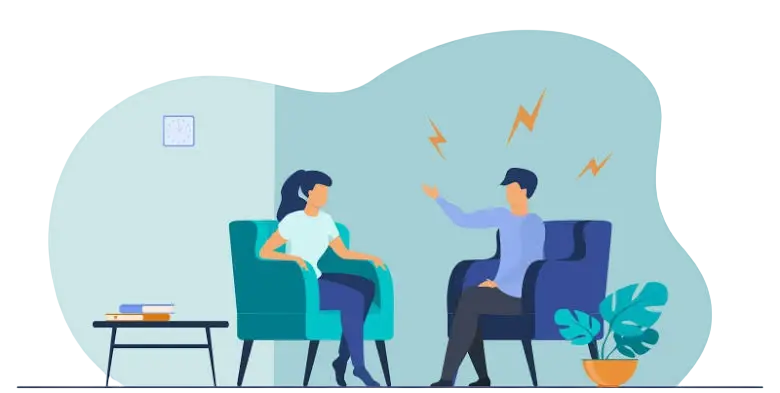 Digital illustration of two people in a counseling session. One person is gesturing energetically, with conflict symbols above their head.