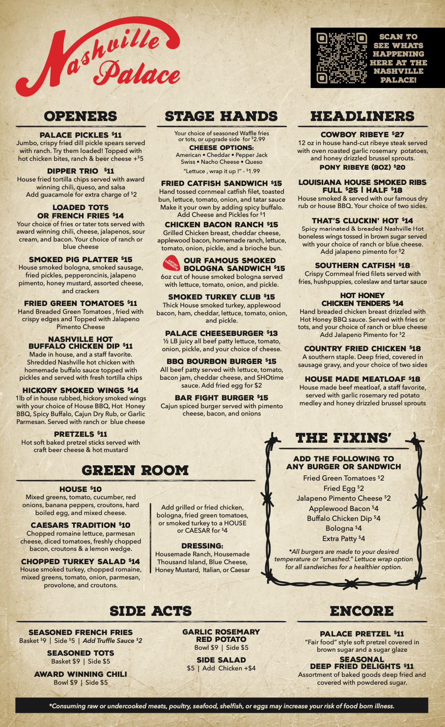 Nashville Palace Food Menu
