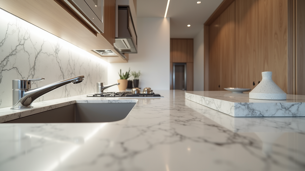 Eye-level view of a modern kitchen renovation with sleek cabinetry and marble countertops