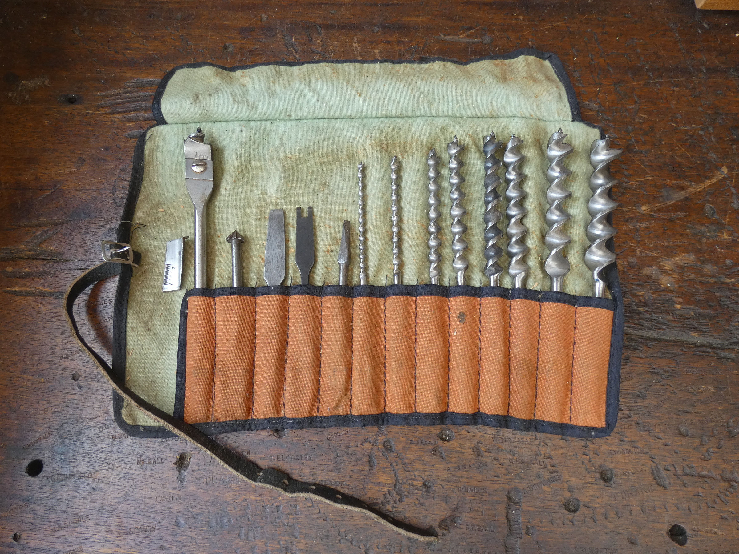 A Great Set of Vintage Auger Bits in Tool Roll - W M Ridgway