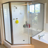 Semi-Frameless 4 Panel Neo Angle, Clear Glass, Brushed Nickel, Door in Middle