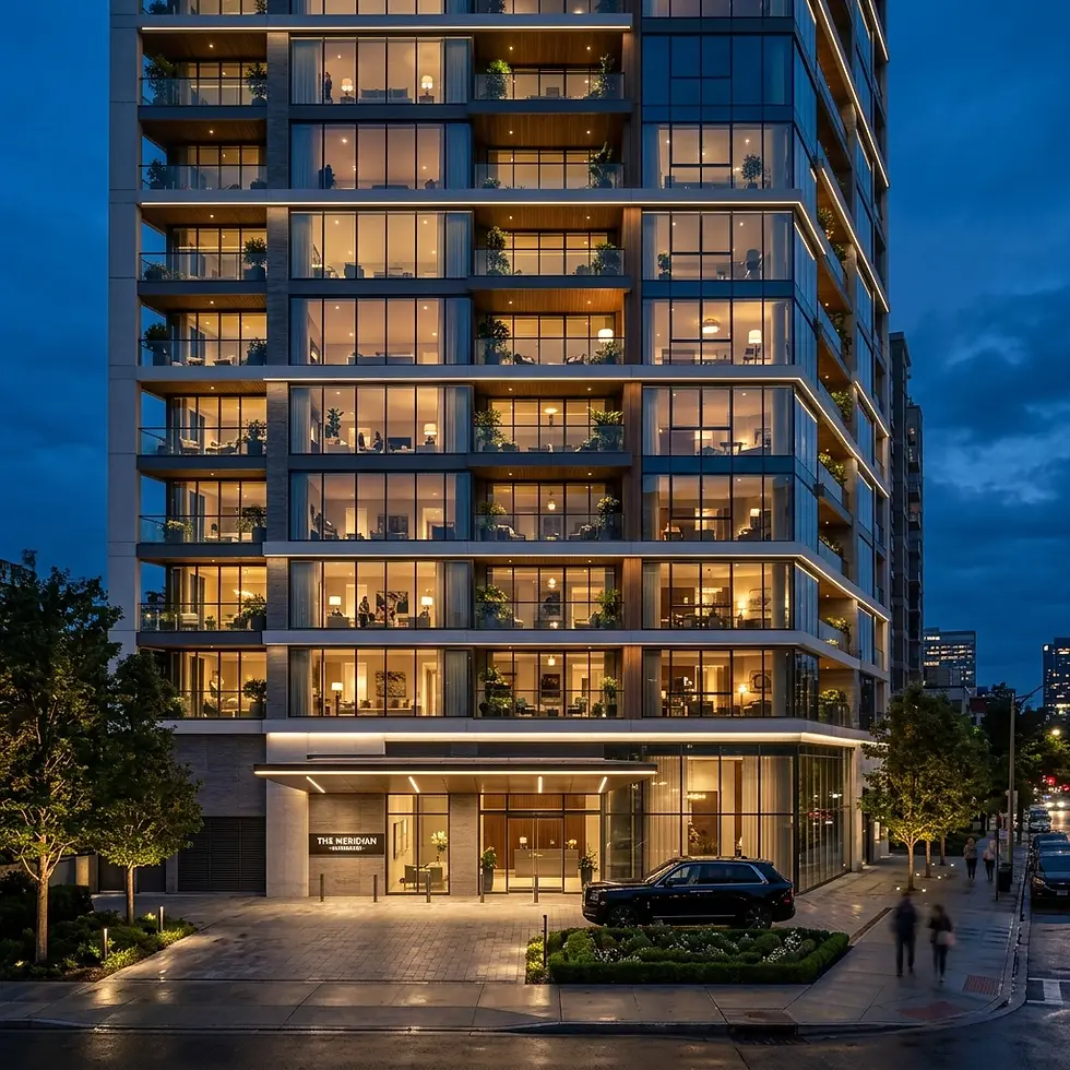 Architectural 3D rendering of a modern luxury apartment building entrance at dusk. Illuminated windows and a parked car suggest an elegant and inviting atmosphere.