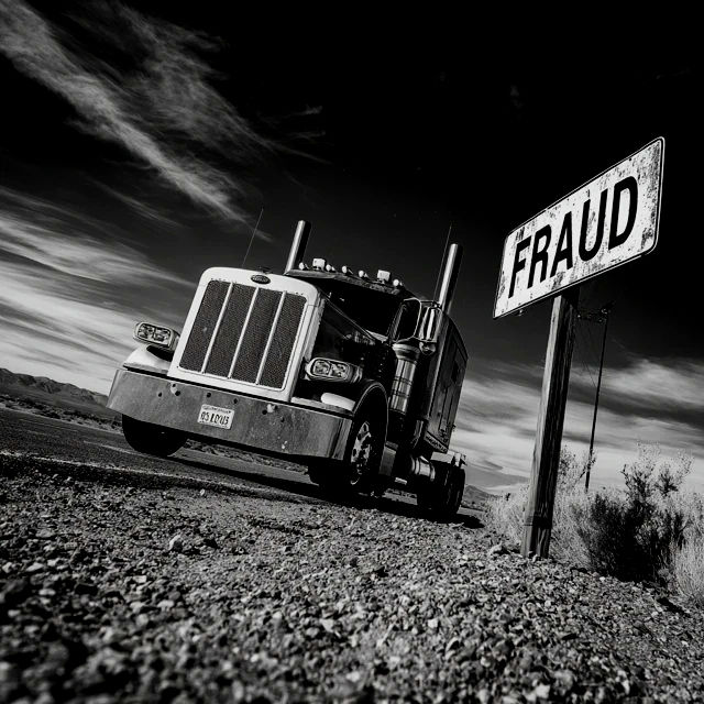 A truck driving the highway passing a fraud sign
