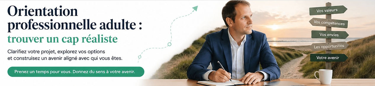 Banière illustrant un changemet d'orientation professionnelle adulte. Clarifiez votre projet et trouver un cap réaliste